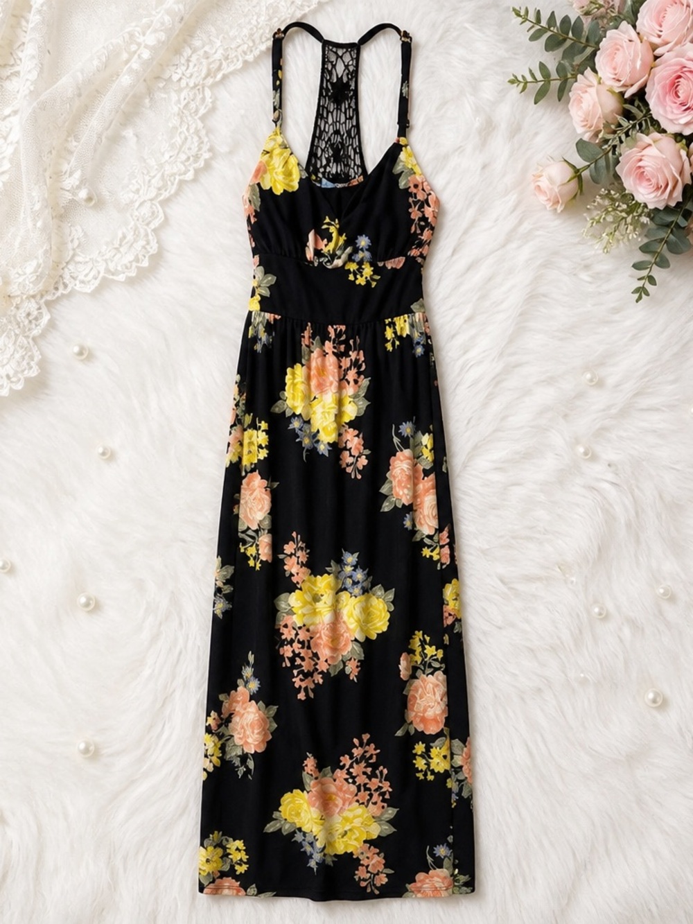 Derek Heart Black Dress with Pink and Yellow Floral Accents